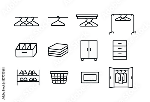 Closet Organization Icons. Closet organization. Line icon set of Closet organization: hanger row, hanging rod, shelf with hangers, clothing rack, drawer