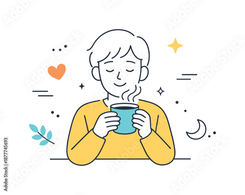 Cozy Moment Bliss. Simple everyday joy. A person smiling while enjoying a quiet moment with a warm drink. Calm happiness and comfort, soft steam lines and