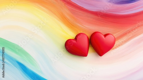 Wallpaper Mural Acrylic rainbow lines curving protectively around two red hearts, styled for love and equality concepts Torontodigital.ca