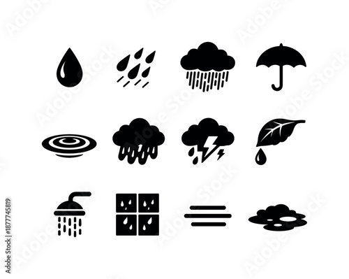 Rain Sound Icons. Rain sounds. Solid icon set of rain sounds: raindrop, drizzle icon, heavy rain, umbrella silhouette, puddle ripple, storm cloud, soft thunder