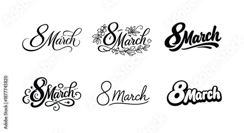 March Lettering Styles. March greeting calligraphy. Set lettering. harmonious lettering variations of the same emblematic concept, each with different artistic