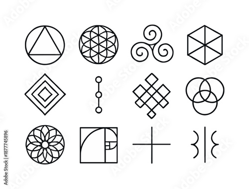 Sacred Geometry Icons. Runes and symbols. Line icon set of sacred geometry: circle and triangle, flower of life, spiral path, cube outline, diamond fractal,