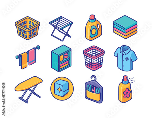 Colorful Laundry Icons. Laundry space. Colorful isometric vector icons set of laundry space: laundry basket, drying rack, detergent bottle, folded towel pile,