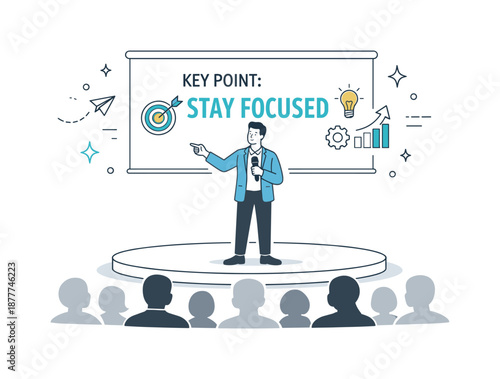 Engaging Conference Presentation. Conference talk. Speaker on a stage with spotlight and abstract audience shapes, delivering a clear message. Calm authority