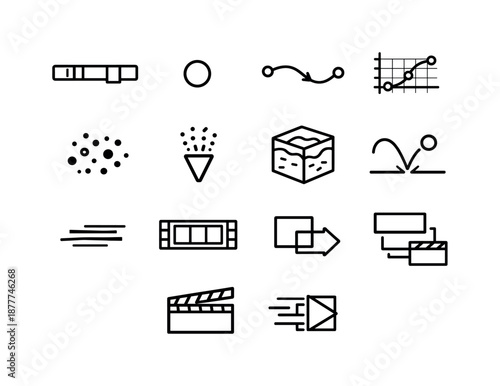 3D Motion Icon Set. 3D motion graphics. Line icon set of 3D motion graphics: timeline bar, keyframe dot, motion path, graph editor curve, particle icon,