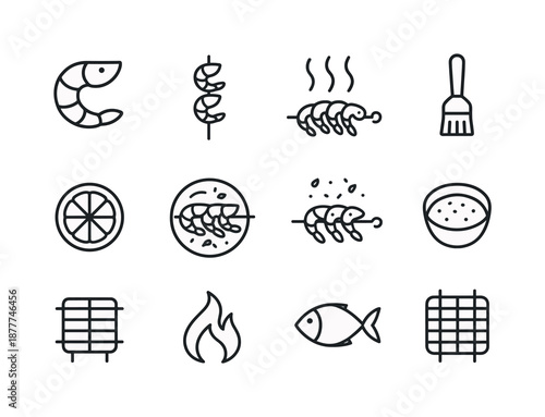 Shrimp Skewer Icons. Shrimp skewers. Line icon set of shrimp skewers: shrimp outline, bamboo skewer, grill smoke lines, marinade brush, lemon slice, herb