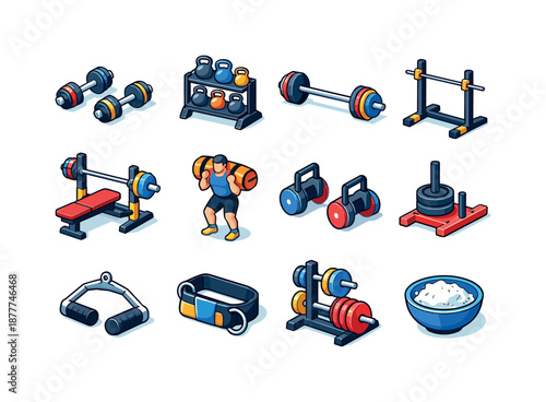 Strength Conditioning Icons. Strength conditioning. Colorful isometric vector icons set of strength conditioning: dumbbell pair, kettlebell rack, barbell with