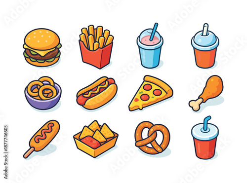 Colorful Fast Food Icons. fast food. Colorful isometric vector icons set of fast food: cheeseburger, fries pack, chicken nuggets, milkshake cup, onion rings,