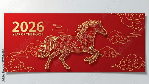 Dynamic Golden Horse Line Art Celebrating Chinese New Year 2026 Zodiac
