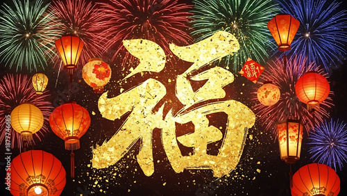 Dazzling Golden Fu Character and Vibrant Fireworks Celebrating Lunar