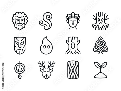 Tree Spirit Icons. Tree spirits. Line icon set of Tree spirits: tree face, spirit swirl, leafy crown, root hands, bark mask, forest wisp, hollow glow, ancient