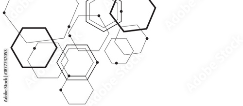 Geometric hexagonal shapes pattern background design. futuristic technology and science elements. black hexagon lines and dots on white background.