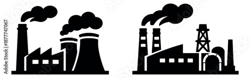 Silhouette industrial icon set featuring factories with smoking chimneys for manufacturing and energy production