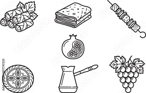 Armenian cuisine food icons set. Vector line art collection of traditional dishes: dolma, khorovats, lavash, gata, coffee and pomegranate. Menu design elements