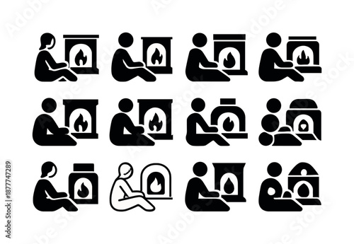 Cozy Fire Icons. People enjoying a warm fire in the fireplace. Icon set. Set Logo of people enjoying a warm fire in the fireplace: cozy sitting position.