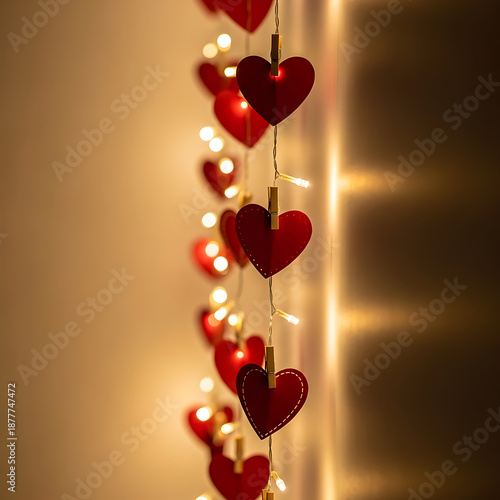 Close-up of a vertical string of warm fairy lights with red felt heart decorations clipped on, creating a romantic and cozy ambiance for celebration.