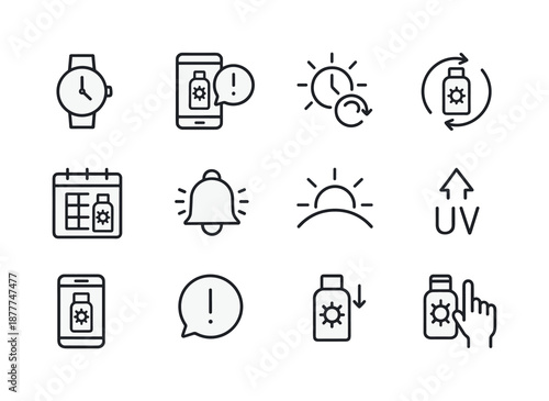 Sunscreen Reminder Icons. Applying sunscreen. Line icon set of sunscreen reminders: watch timer, smartphone alert, sun clock, reapply symbol, calendar icon,