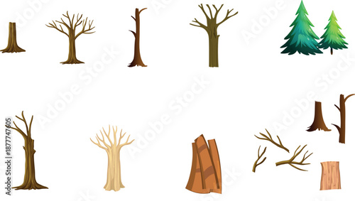 Naked trees illustrations.Set of vector spooky trees. Hand drawn bare dead creepy tree dark isolated on white background for Halloween designs.