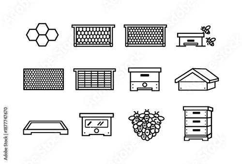 Beehive Icon Set. How bees make honey. Line icon set of hive structure: hexagon cell, brood frame, honey frame, hive entrance, wax comb sheet, queen excluder