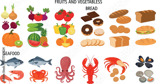 Food categories illustration set with fruits vegetables bread and seafood, colorful flat vector collection for nutrition education, grocery design, and healthy eating concepts