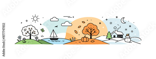 Seamless Seasonal Transition. Slow seasonal change concept. A minimal landscape where colors and elements gently shift from one season to another without clear