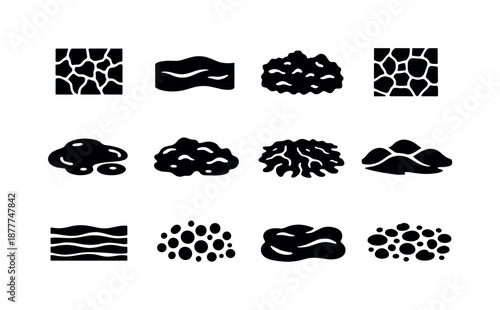 Mud Texture Icons. Mud Texture. Solid icon set of Mud Texture: cracked mud surface, smooth mud layer, rough mud texture, dried mud pattern, wet clay texture,