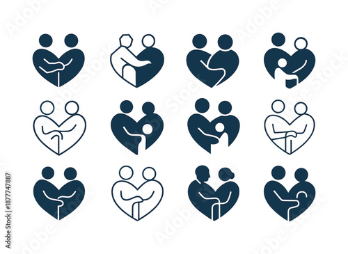 Elderly Care Icons. Elderly care and support. Icon set. Set Logo of elderly care and support: elder with caregiver heart. harmonious logo variations of the