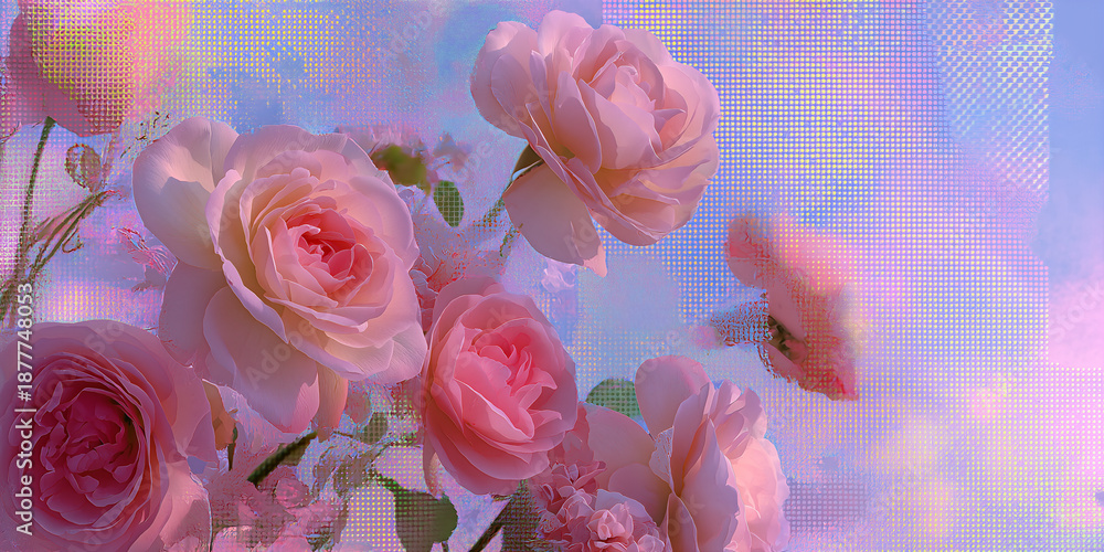 Fototapeta premium A collection of pastel roses and lace-like digital patterns creating a soft, sentimental aesthetic.