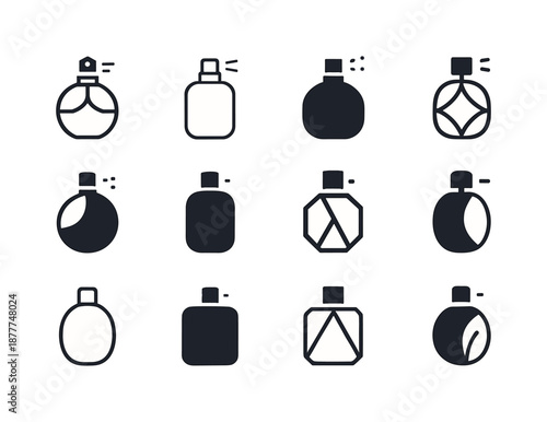Perfume Bottle Icons. Perfume bottle. Icon set. Set Logo of Perfume bottle: perfume sprayer nozzle. harmonious logo variations of the same emblematic concept,