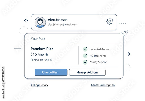 Subscription Management Interface. Service subscription management interface. Abstract app scene with user profile, active plan and change options, calm