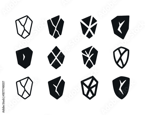 Shard Logo Variations. Shard. Icon set. Set Logo of shard: broken glass fragment. harmonious logo variations of the same emblematic concept, each
