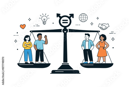 Balanced Scales Equality. Gender Equality Concept. Symbolic illustration with balanced scales and diverse characters standing on both sides, expressing