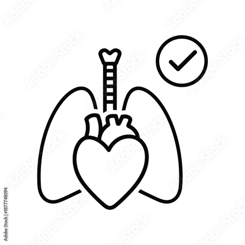 Healthy Heart and Lungs Flat Medical Illustration with Check Mark
