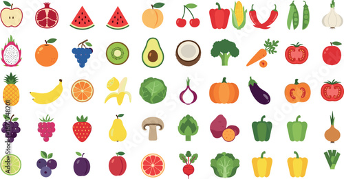 Fresh fruits and vegetables vector set with colorful healthy food icons including apple, banana, tomato, pepper and leafy greens in flat cartoon illustration style isolated on white background