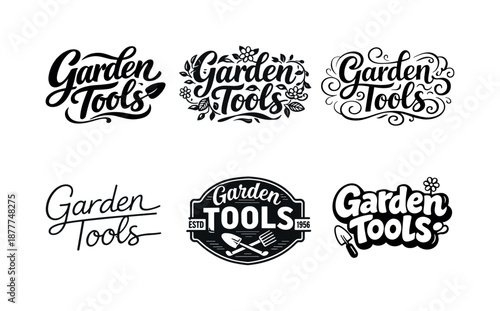 Garden Tool Lettering. Garden Tools. Set lettering. harmonious lettering variations of the same emblematic concept, each with different artistic interpretation