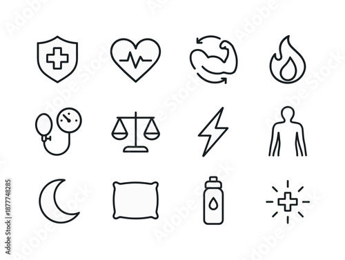 Sleep and Health Icons. Sleep and physical health. Line icon set of sleep and physical health: immune shield, heart rate, muscle recovery, metabolism flame,