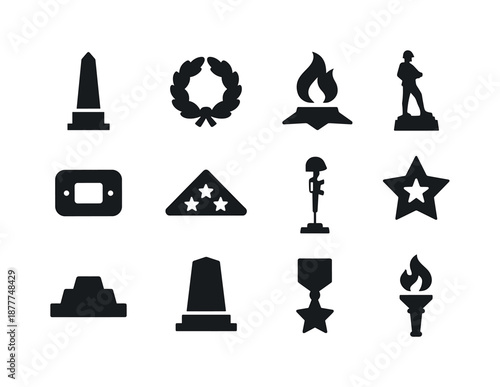 Military Monument Icons. Military monuments. Solid icon set of military monuments: obelisk, memorial wreath, eternal flame, statue silhouette, remembrance