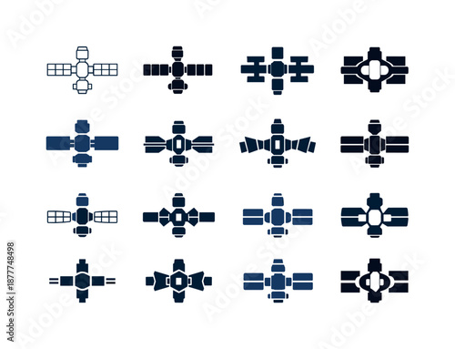 Space Station Icons. Space stations. Icon set. Set Logo of Space stations: orbital space station module. harmonious logo variations of the same emblematic