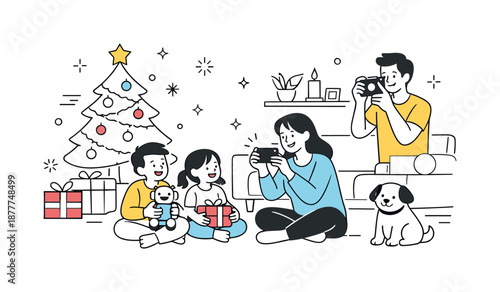 Modern Christmas Serenity. Christmas morning joy modern home. Family taking photos and sharing smiles around simple holiday decorations. Contemporary