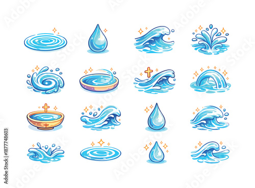 Baptism Water Icons. Baptism water motifs. Colorful isometric vector icons set of baptism water motifs: gentle ripple, water droplet, flowing wave, blessing