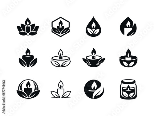 Eco-Friendly Candle Logos. Candle making with eco-friendly wax. Icon set. Set Logo of candle making with eco-friendly wax: wooden wick. harmonious logo