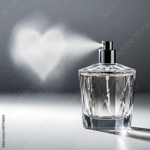 Elegant glass perfume bottle spraying a heart-shaped mist against a soft grey background, symbolizing love and fragrance.