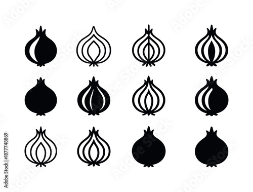 Onion Logo Grid. Onion. Icon set. Set Logo of onion: cartoon onion head. harmonious logo variations of the same emblematic concept, each with different