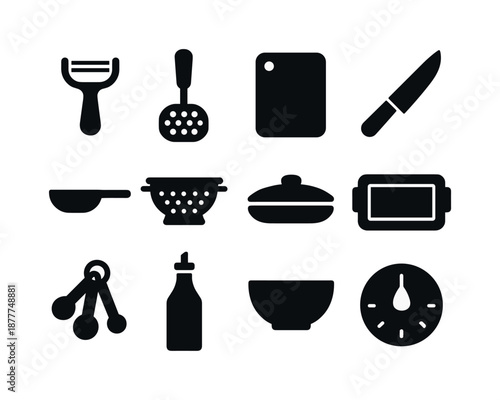 Potato Tools Icons. Potato tools. Solid icon set of potato tools: potato peeler, masher tool, cutting board, chef knife, frying pan, colander, pot lid,