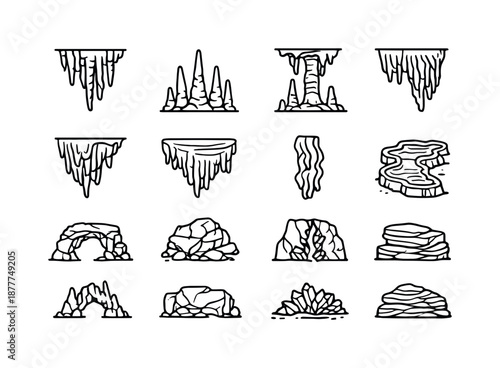 Rock Formation Icons. Rock formations. Line icon set of rock formations: stalactite cluster, stalagmite cluster, column formation, flowstone, cave drapery,