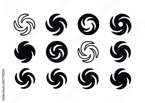 Galactic Core Icons. Galactic core. Icon set. Set Logo of Galactic core: Supernova remnant swirl: Symmetrical form, Abstract geometric, Minimal outline, Filled