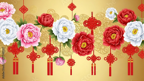 Stunning golden New Year backdrop with vibrant peonies and auspicious