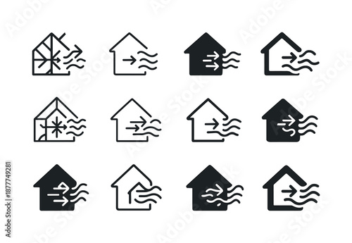 Energy-Efficient Home Icons. Energy-efficient home design trends. Icon set. Set Logo of energy-efficient home design trends: natural ventilation system.