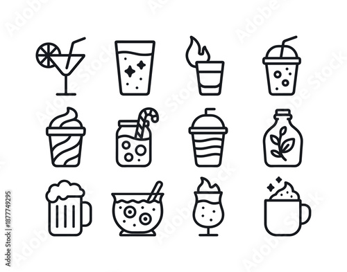 Party Drink Icons. Party drinks. Line icon set of themed party drinks: neon cocktail, galaxy drink, flaming shot, glow-cup soda, fruit swirl cup, candy-infused
