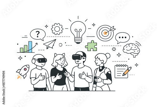 Metaverse Brainstorming Session. Metaverse meeting brainstorming. Avatars standing together with abstract ideas and icons floating around. Creative thinking